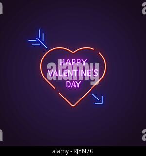 Valentines day neon sign. Glowing neon sign of text Happy Valentine`s Day. Letters glowing in retro colors. February 14 holiday. Stock Vector